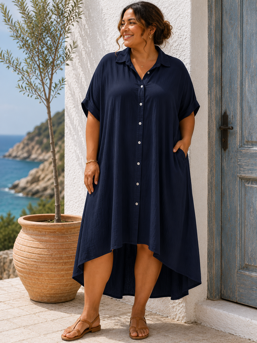 GRANDE TAILLE - Robe chemise fluide bleu marine