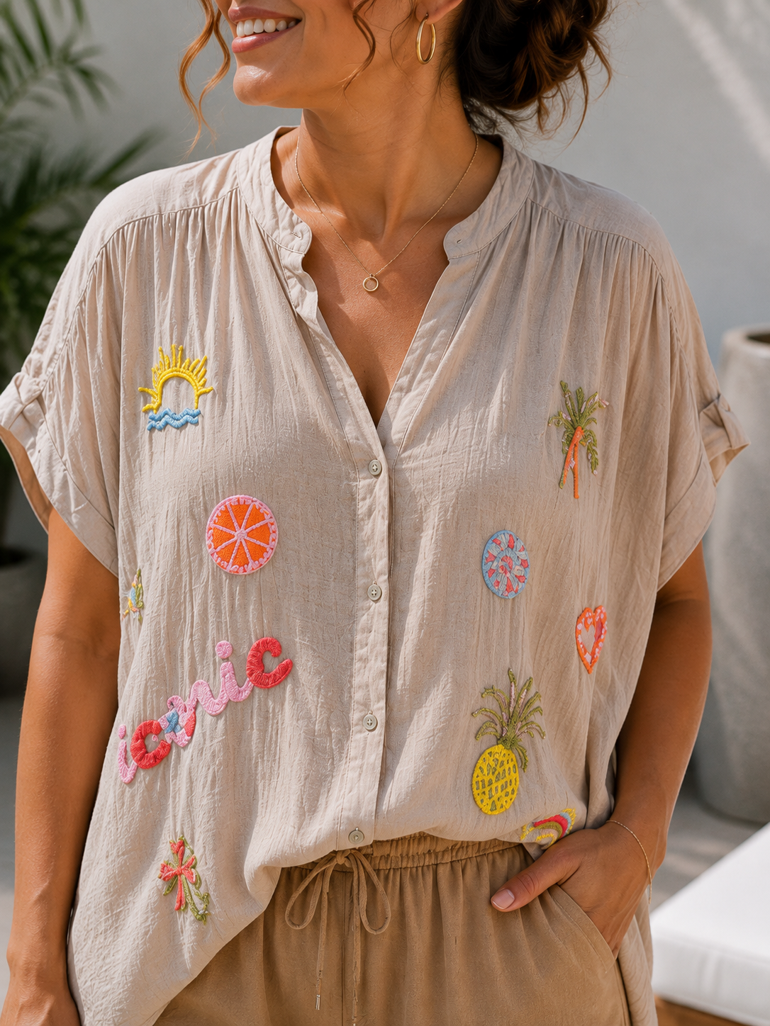 GRANDE TAILLE - Chemise voile de coton brodée fantaisie sable