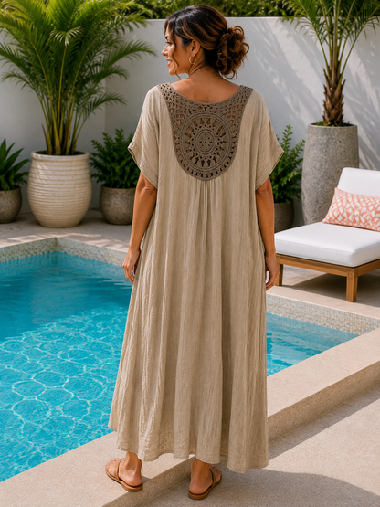 GRANDE TAILLE - Robe fluide brodé dans le dos camel