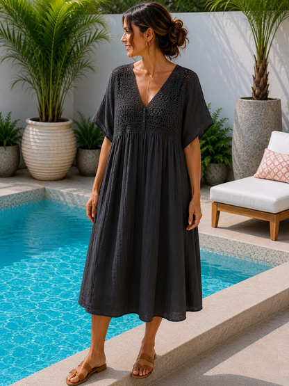 GRANDE TAILLE - Robe voile de coton broderies noire