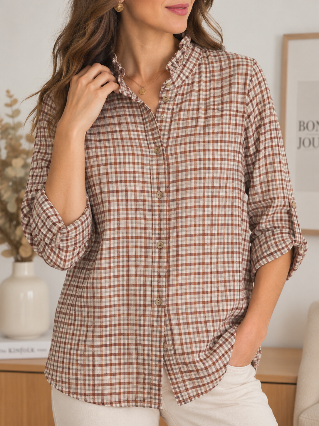 Chemise à petits carreaux bordeaux/rouille