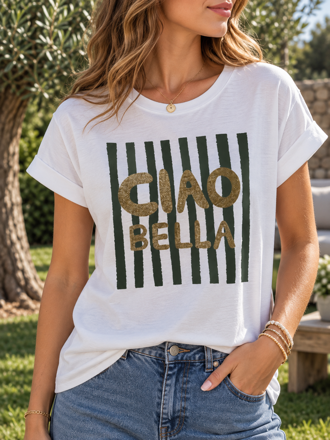 T-shirt blanc CIAO BELLA kaki
