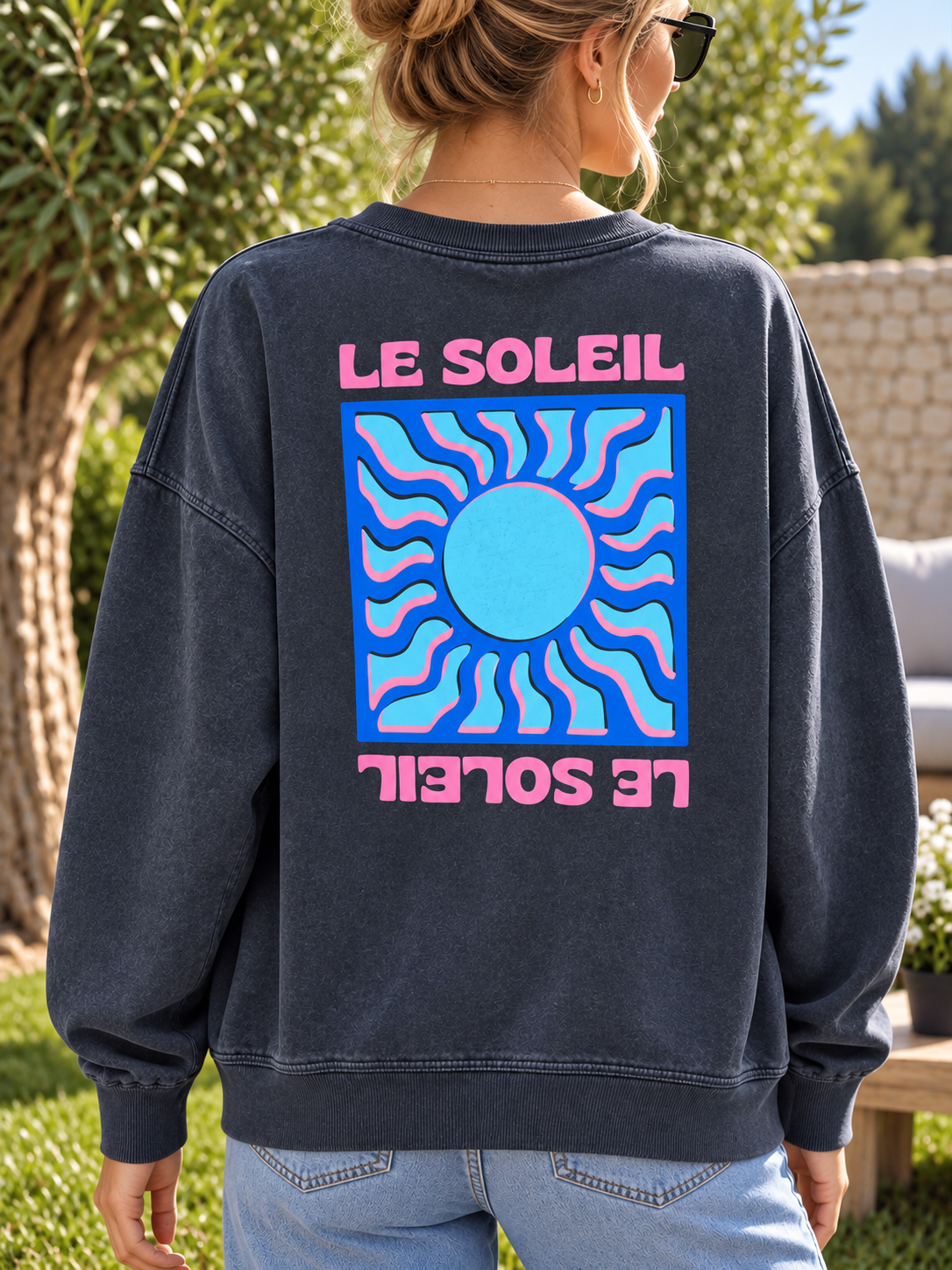 Sweat anthracite LE SOLEIL bleu/rose