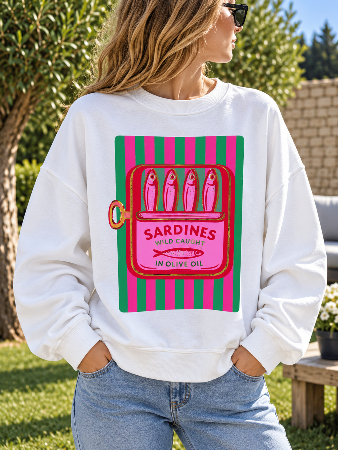 Sweat blanc SARDINES rose/vert
