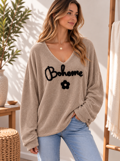 Sweat velours Bohème col V sable