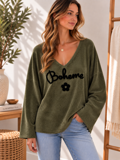 Sweat velours Bohème col V kaki