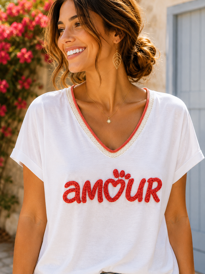 T-shirt AMOUR col V corail