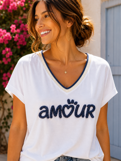 T-shirt AMOUR col V bleu jean