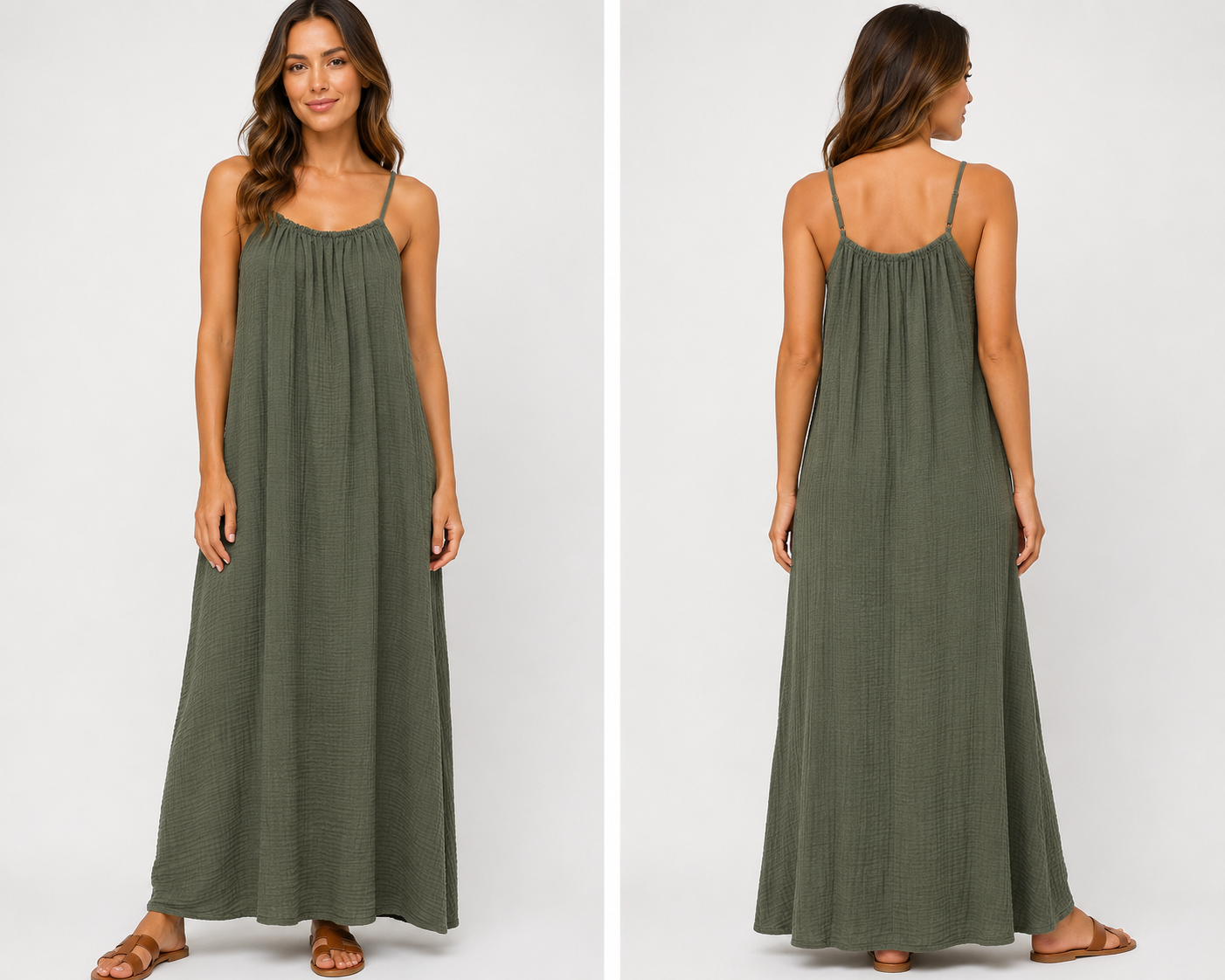 Robe longue à bretelles gaze de coton kaki