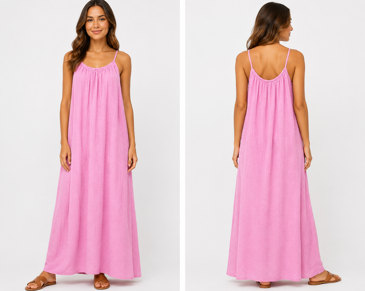 Robe longue à bretelles gaze de coton rose