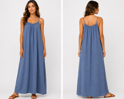 Robe longue à bretelles gaze de coton bleu jean