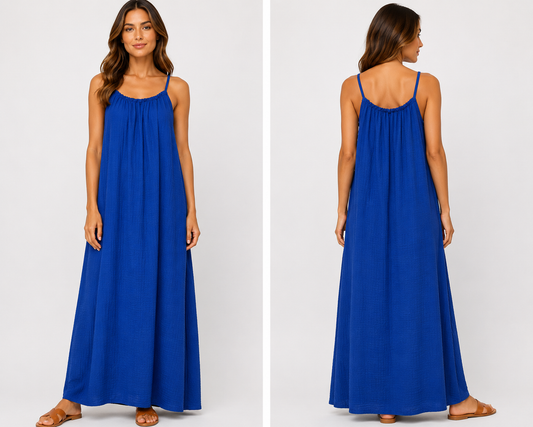Robe longue à bretelles gaze de coton bleu roi