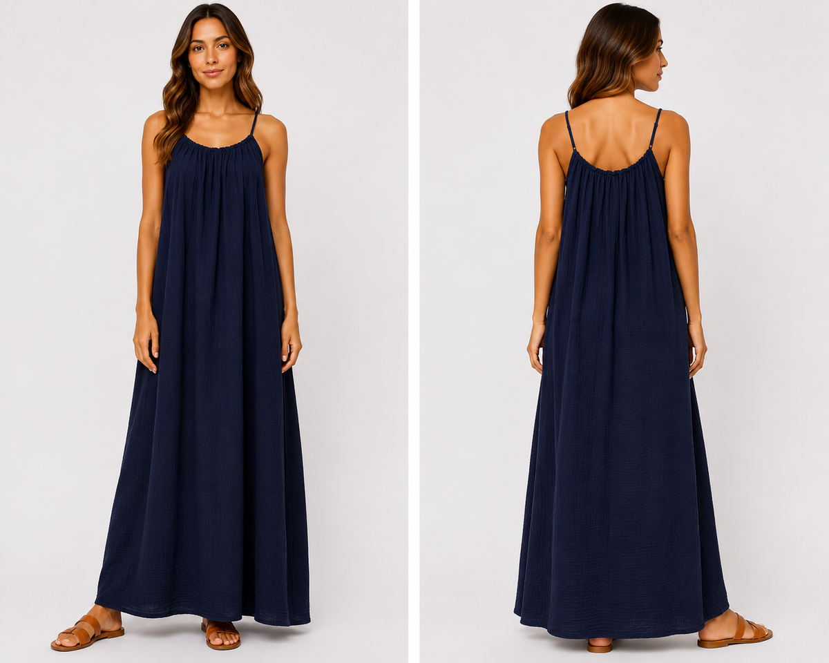 Robe longue à bretelles gaze de coton bleu marine