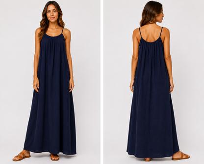Robe longue à bretelles gaze de coton bleu marine