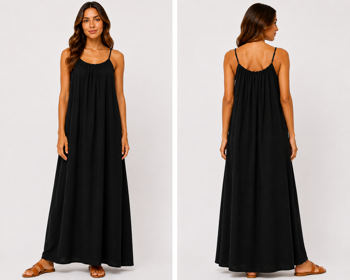 Robe longue à bretelles gaze de coton noir