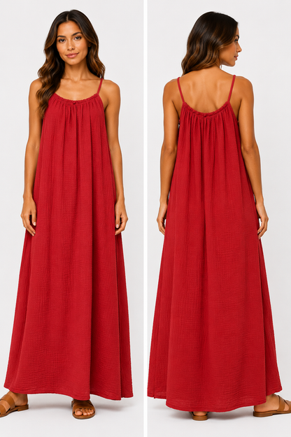 Robe longue à bretelles gaze de coton rouge