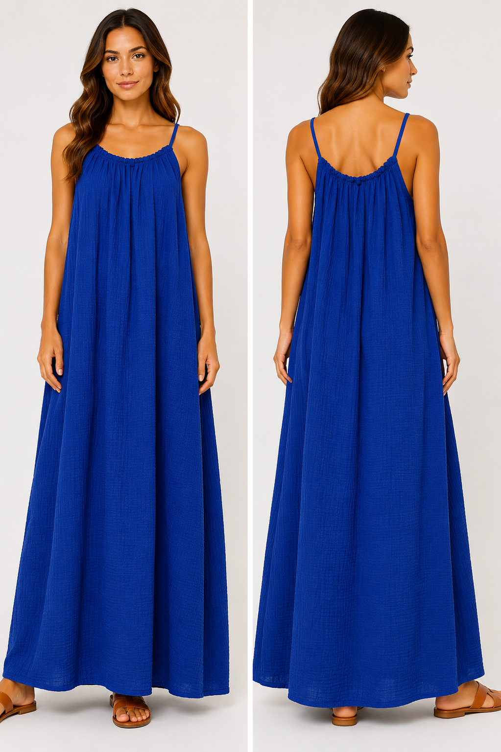Robe longue à bretelles gaze de coton bleu roi