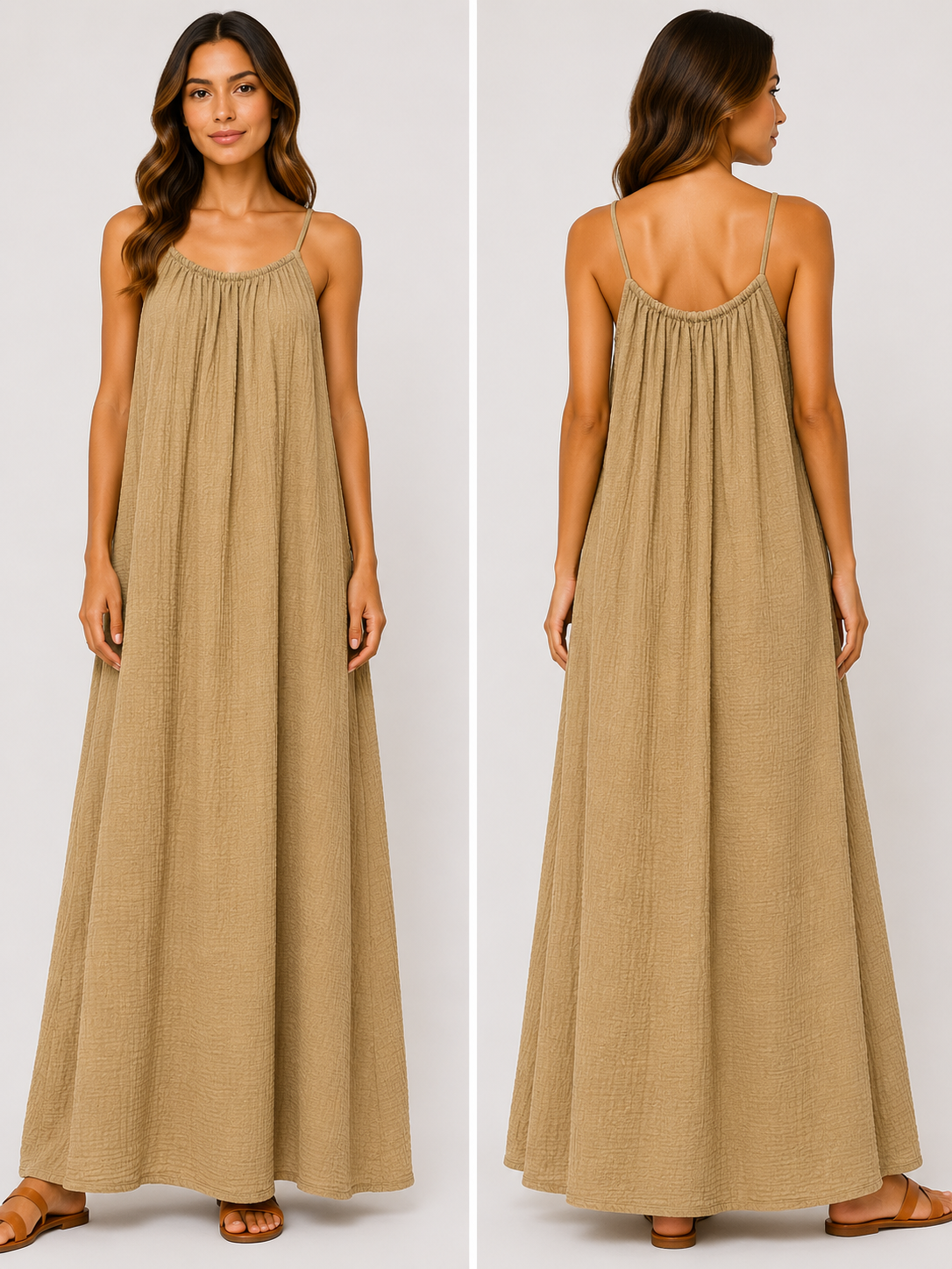 Robe longue à bretelles gaze de coton camel