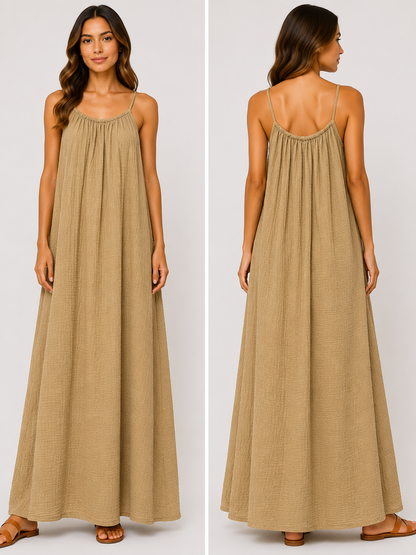 Robe longue à bretelles gaze de coton camel