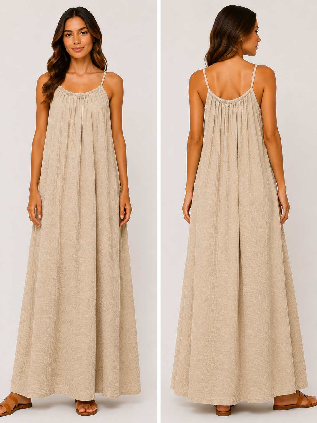 Robe longue à bretelles gaze de coton sable