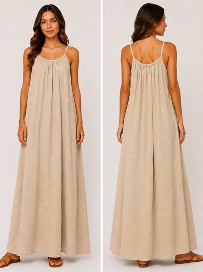 Robe longue à bretelles gaze de coton sable