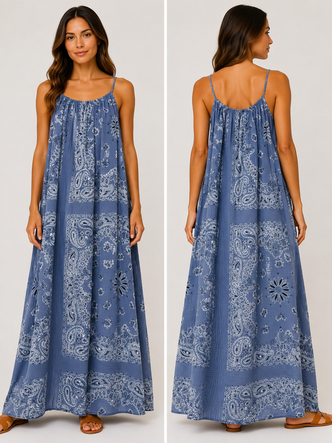 Robe longue à bretelles gaze de coton bandana bleu jean