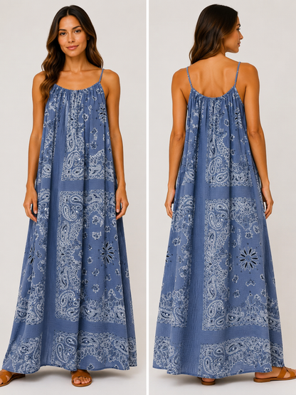 Robe longue à bretelles gaze de coton bandana bleu jean