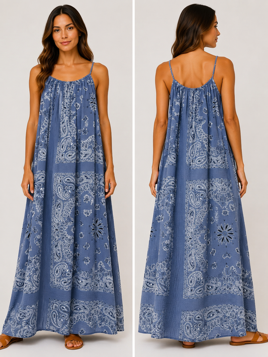 Robe longue à bretelles gaze de coton bandana bleu jean