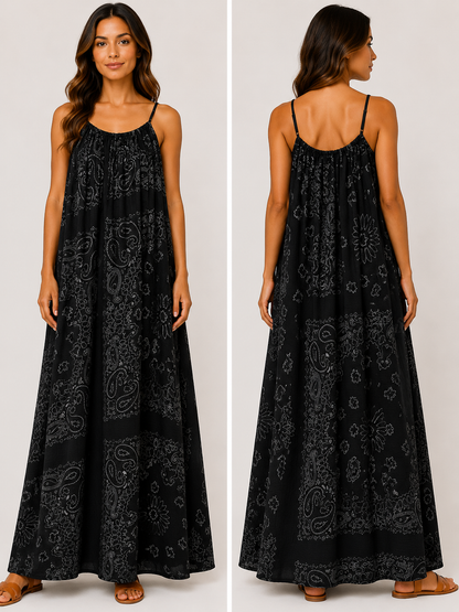 Robe longue à bretelles gaze de coton bandana noir