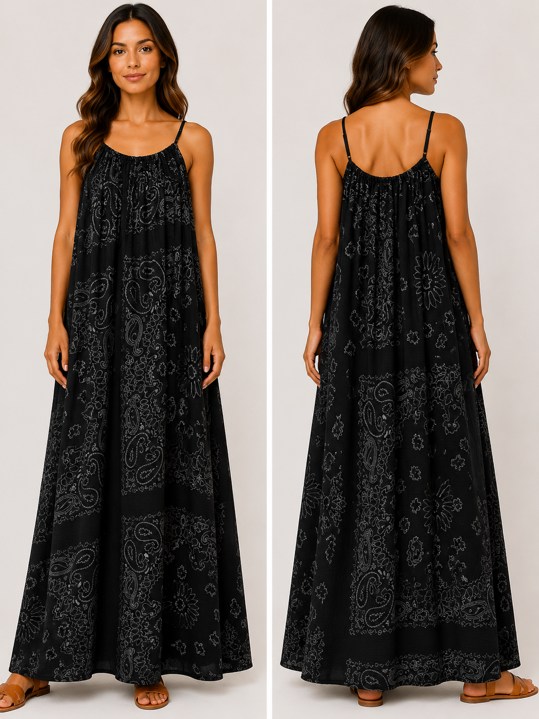 Robe longue à bretelles gaze de coton bandana bleu marine