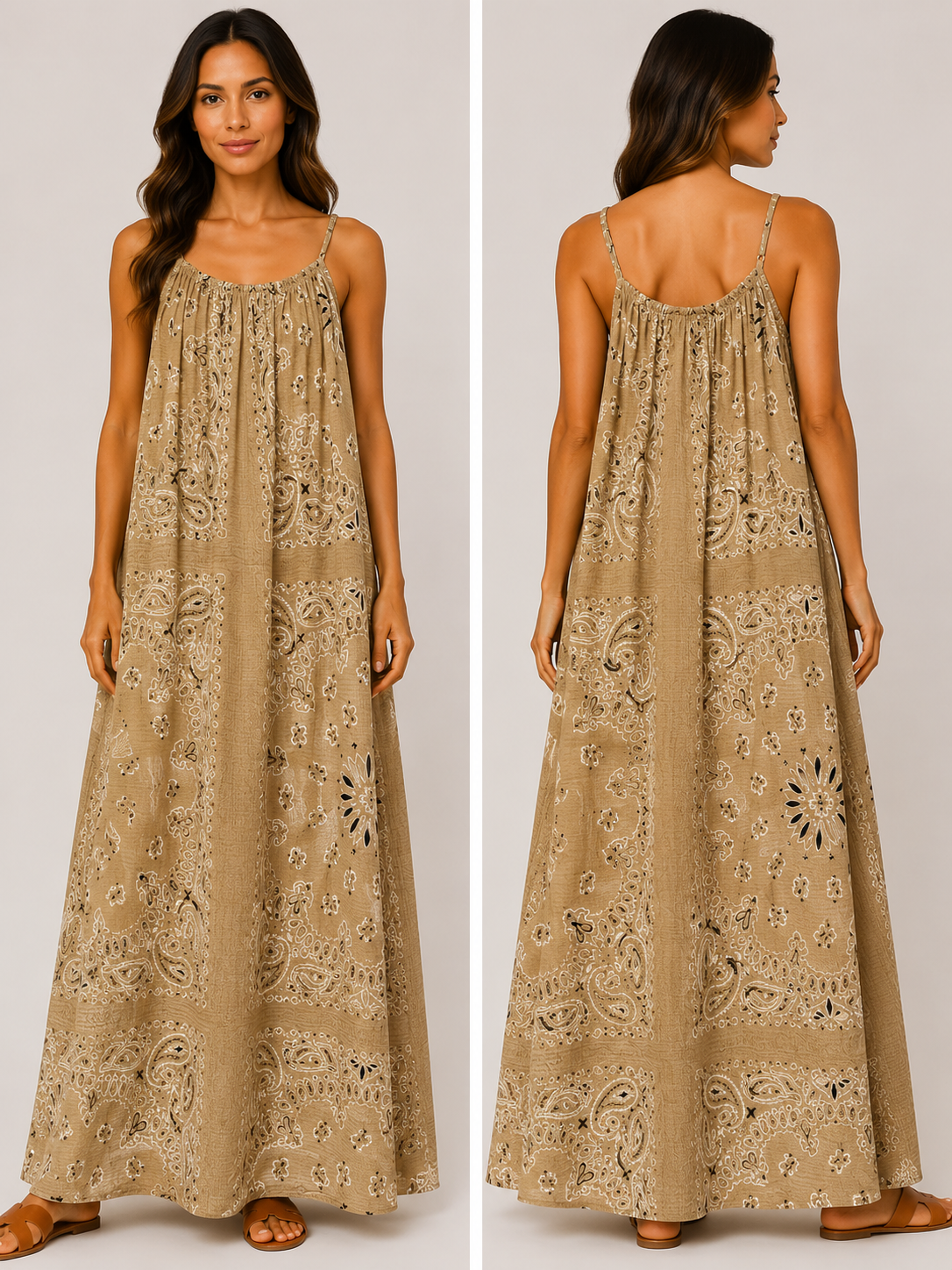 Robe longue à bretelles gaze de coton bandana camel