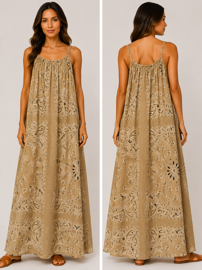 Robe longue à bretelles gaze de coton bandana camel