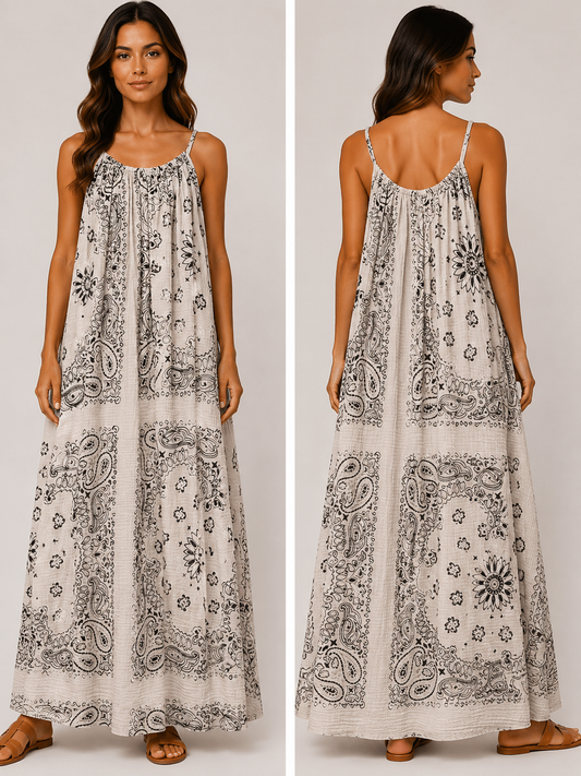 Robe longue à bretelles gaze de coton bandana sable