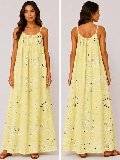 Robe longue à bretelles gaze de coton bandana jaune pâle