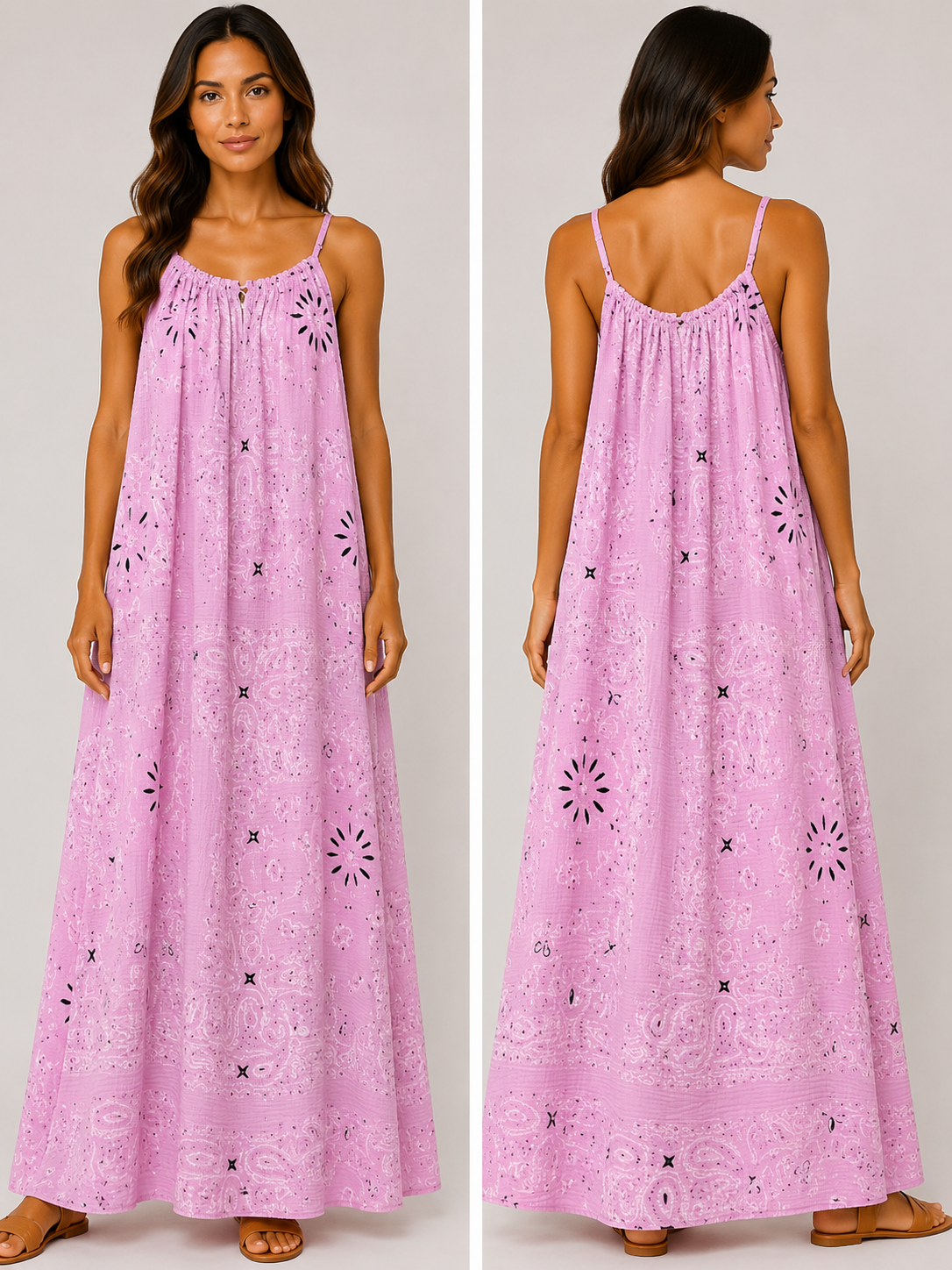 Robe longue à bretelles gaze de coton bandana rose