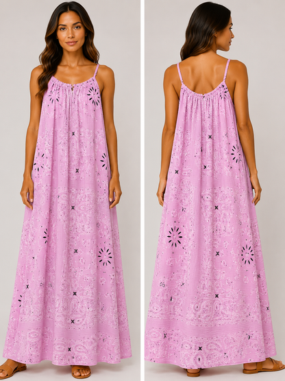 Robe longue à bretelles gaze de coton bandana rose