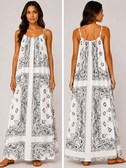 Robe longue à bretelles gaze de coton bandana blanche