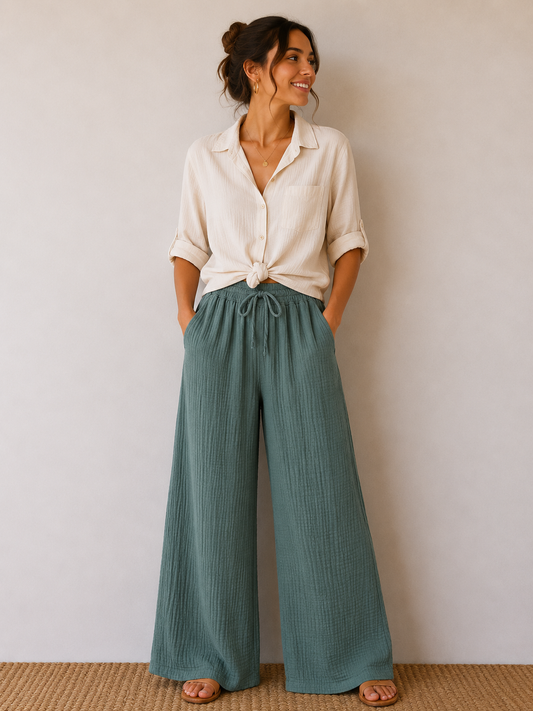 Pantalon gaze de coton vert d'eau