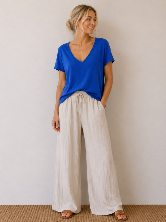 T-shirt fluide lin/coton bleu roi