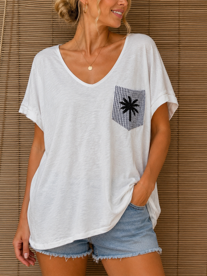 T-shirt blanc poche Palmier bleu marine