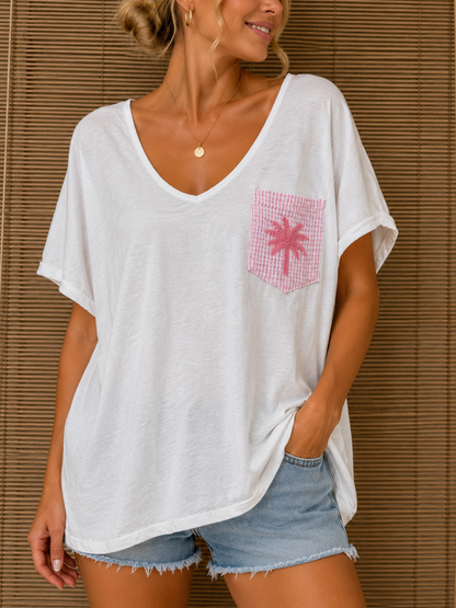 T-shirt blanc poche Palmier rose