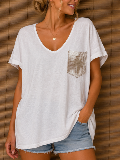 T-shirt blanc poche Palmier beige