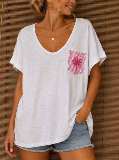 T-shirt blanc poche Palmier fuchsia