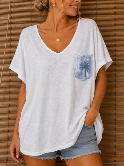 T-shirt blanc poche Palmier bleu ciel