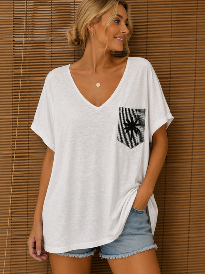 T-shirt blanc poche Palmier kaki