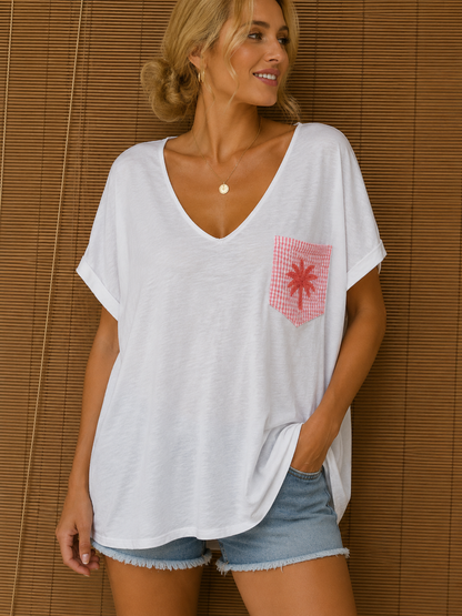 T-shirt blanc poche Palmier corail