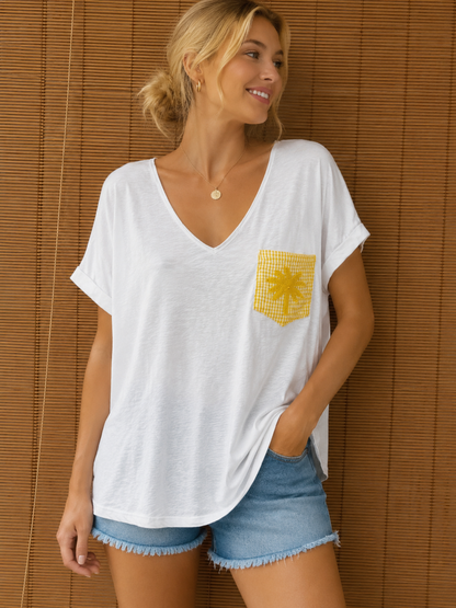 T-shirt blanc poche Palmier jaune