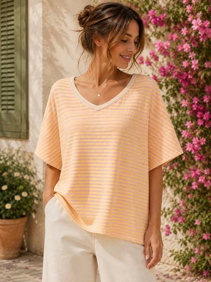 T-shirt col V rayé jaune/rose