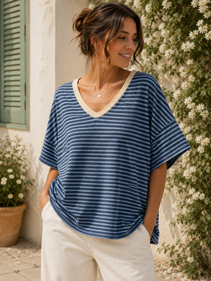 T-shirt col V rayé bleu jean/bleu ciel