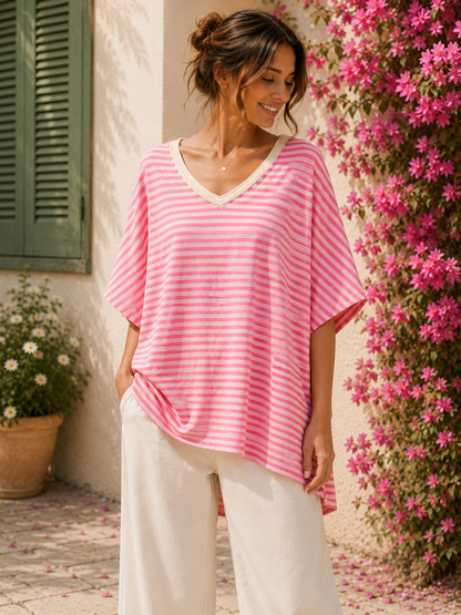T-shirt col V rayé rose/fuschia